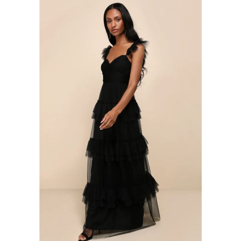 NWT Lulus Pure Radiance Black Mesh Swiss Dot Tiered Maxi Dress Large - Picture 2 of 12